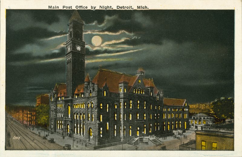 Ufficio postale principale di notte, Detroit, Michigan (foto a colori) da American Photographer