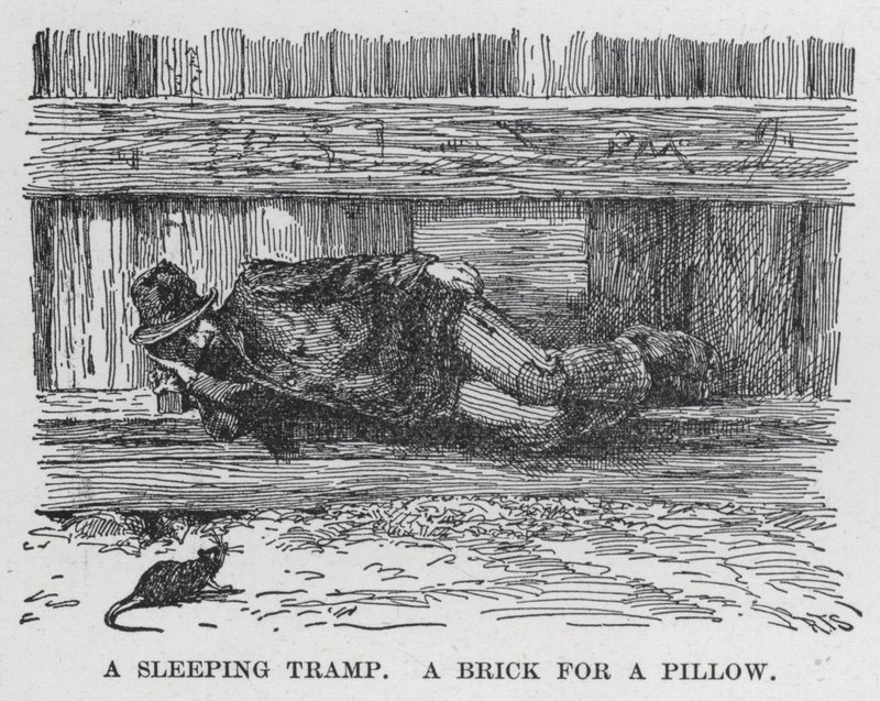 Un vagabondo che dorme, Un mattone come cuscino (litografia) da American School