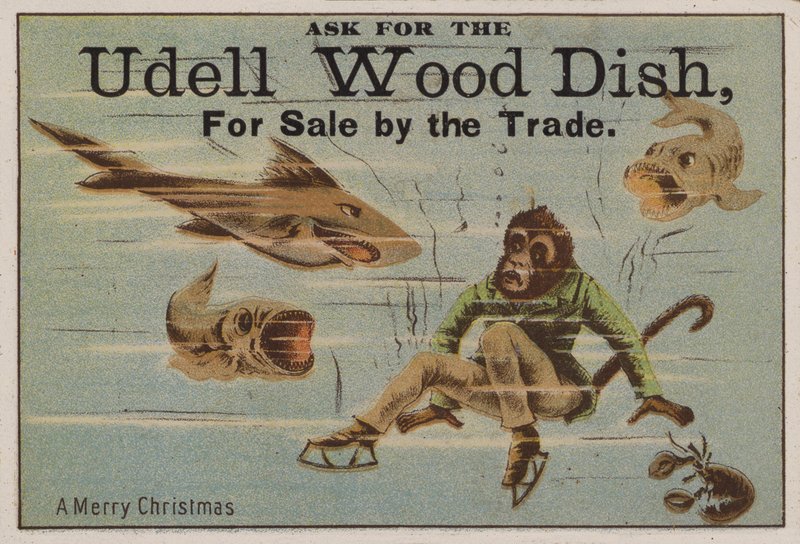 Un allegro Natale, cartolina commerciale che pubblicizza i piatti di legno Udell da American School