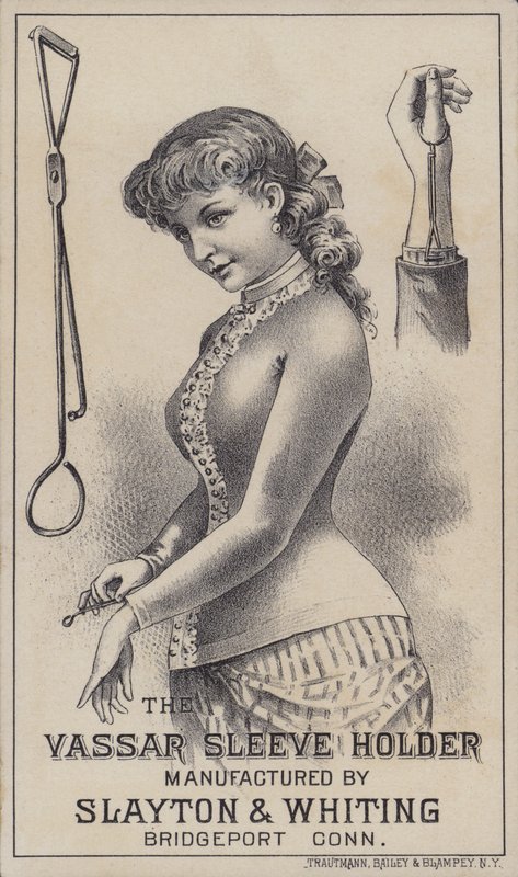 Pubblicità per il Vassar sleeve holder, prodotto da Slayton & Whiting, Bridgeport, Connecticut, USA da American School