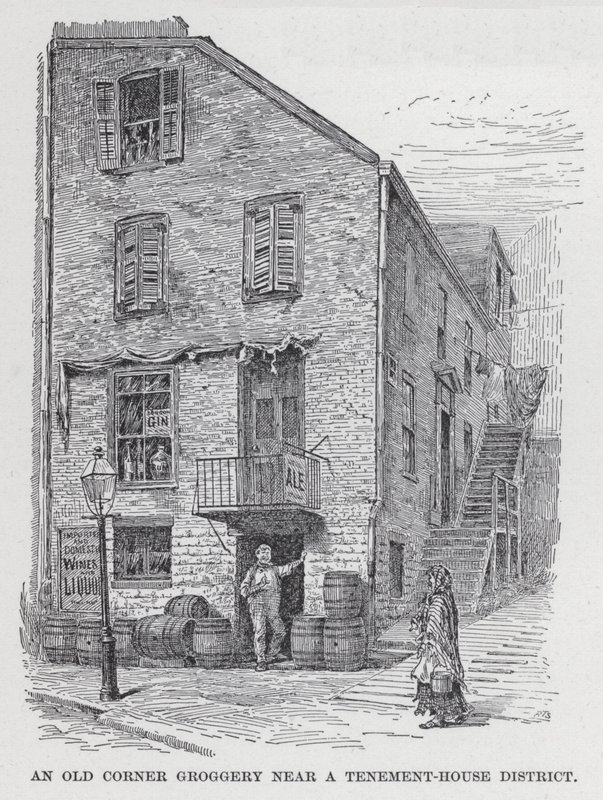Un vecchio angolo di una bettola vicino a un quartiere di case popolari (litografia) da American School