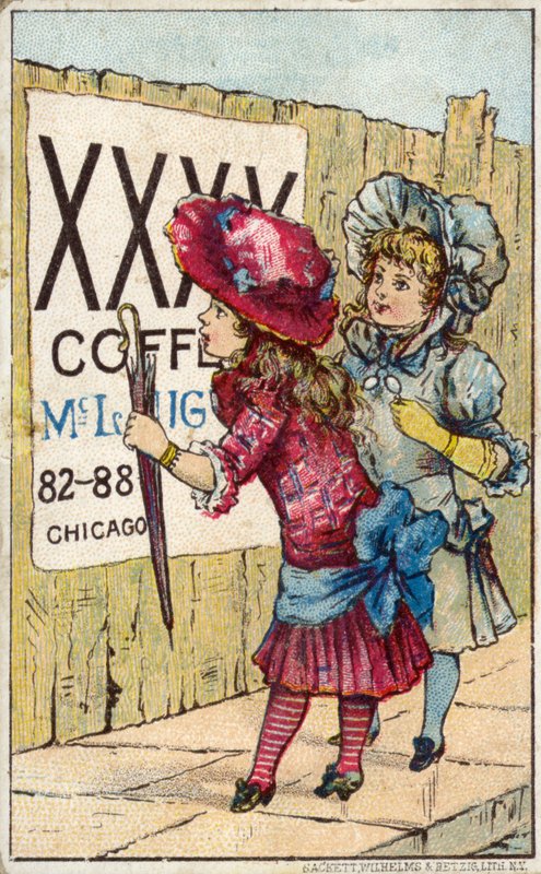 Bambini che leggono una pubblicità di caffè da American School
