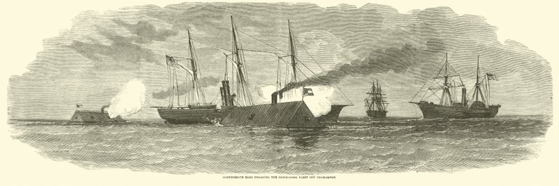 Arieti confederati che ingaggiano la flotta di blocco al largo di Charleston, gennaio 1863 da American School