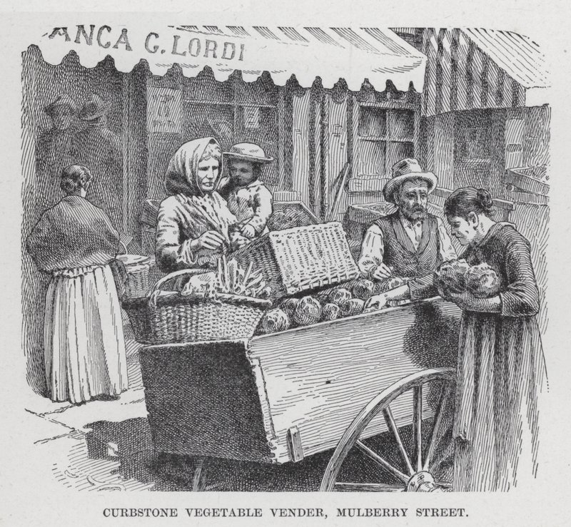 Venditore di verdure sul marciapiede, Mulberry Street (litografia) da American School