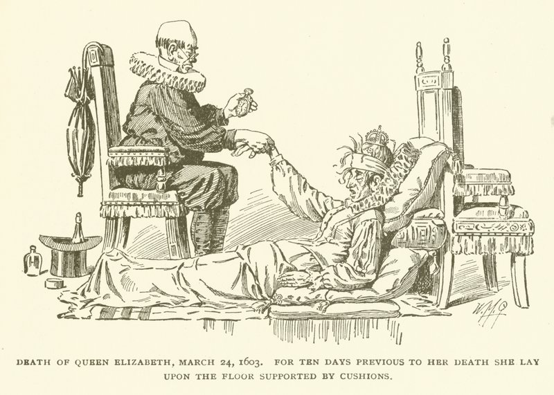 Morte della Regina Elisabetta, 24 marzo 1603, per dieci giorni prima della sua morte giaceva sul pavimento sostenuta da cuscini da American School