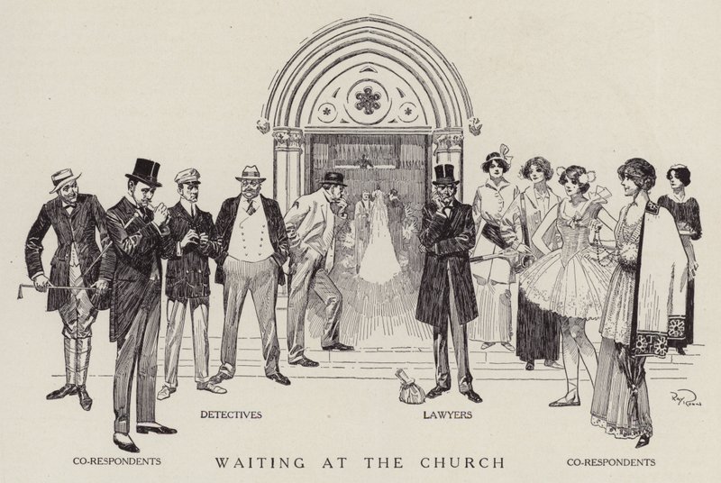 Detective, avvocati e correligionari in attesa della fine di un matrimonio in chiesa (litografia) da American School