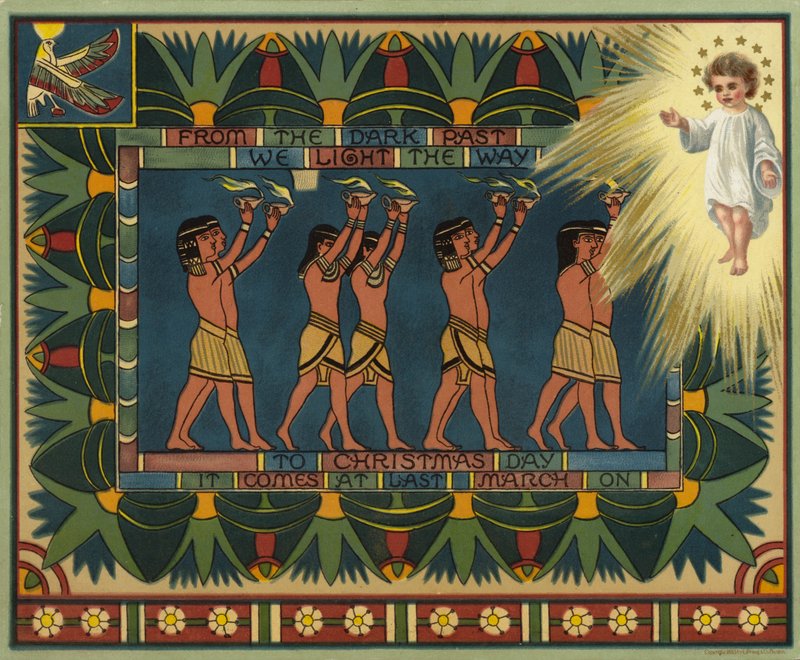 Cartolina di Natale a tema egiziano, che mostra come il passato ha portato a Gesù Cristo (litografia a colori) da American School