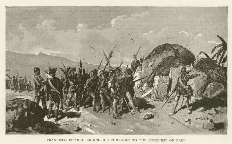 Francisco Pizarro che incita i suoi compagni alla conquista del Perù da American School