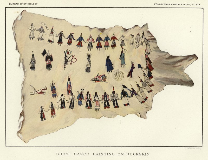 Pittura della danza dei fantasmi su pelle di daino da American School
