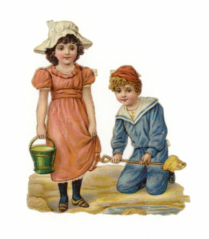 Ragazza e ragazzo che costruiscono castelli di sabbia da American School