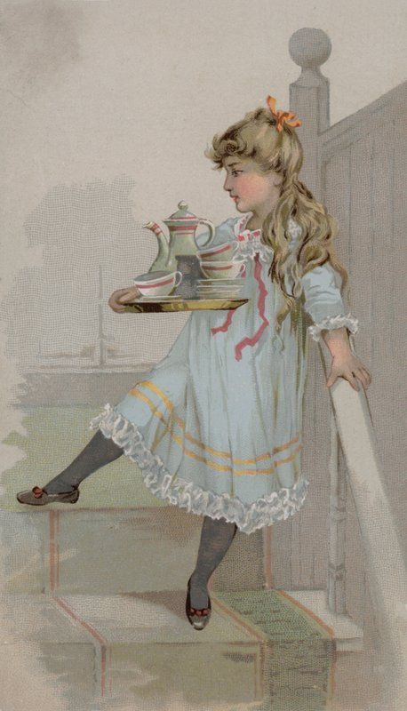 Ragazza che porta una caffettiera su un vassoio da American School