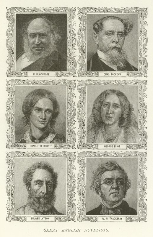 Grandi romanzieri inglesi, R Blackmore, Charles Dickens, Charlotte Bronte, George Eliot, Bulwer-Lytton, W M Thackeray da American School