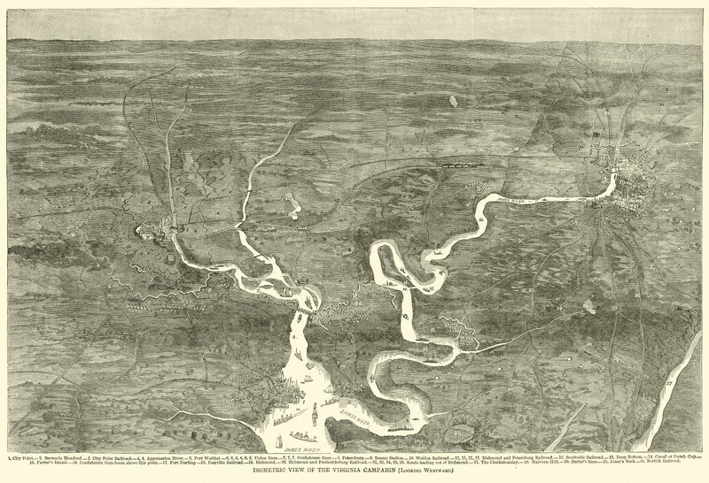Vista isometrica della campagna della Virginia, guardando verso ovest, giugno 1864 da American School