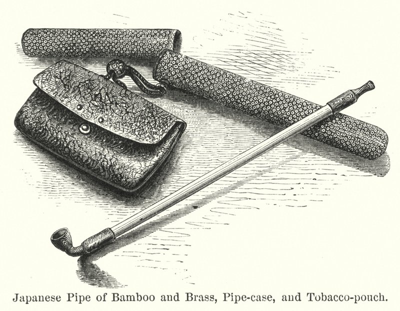 Pipa giapponese di bambù e ottone, custodia per pipa e borsa per tabacco (incisione) da American School