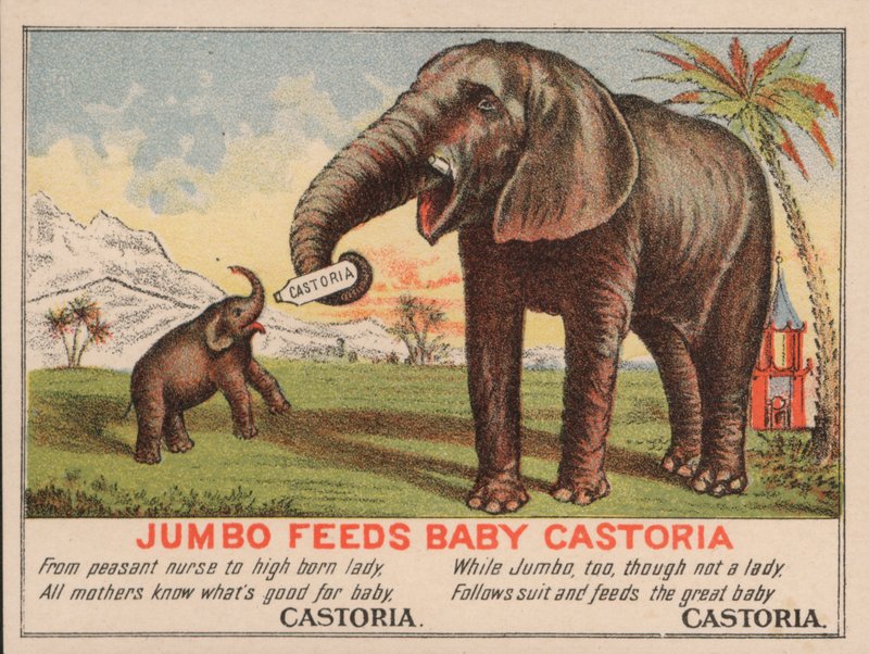 Jumbo nutre il bambino Castoria, pubblicità per la medicina Castoria di Fletcher, con il famoso elefante del circo di P.T. Barnum da American School