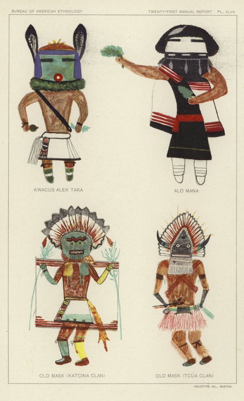 Kwacus Alek Taka, Alo Mana, Antica maschera (clan Katcina), Antica maschera (clan Tcua) (litografia a colori) da American School