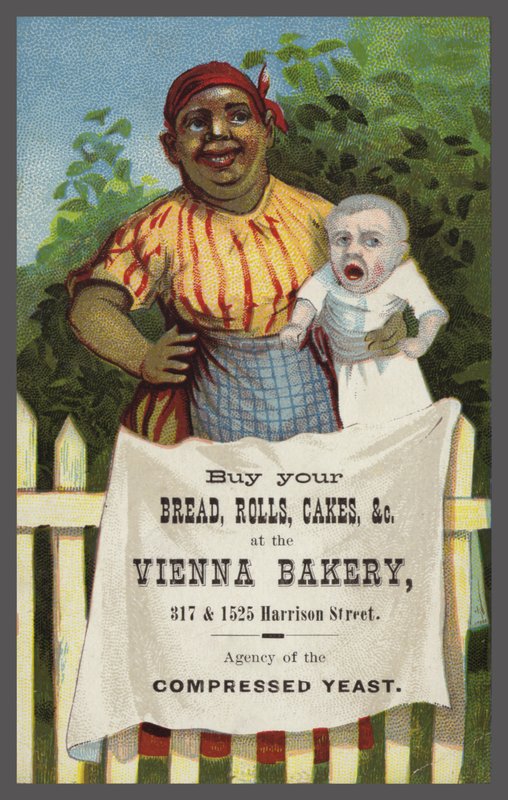 Signora con bambino che pubblicizza la panetteria Vienna da American School