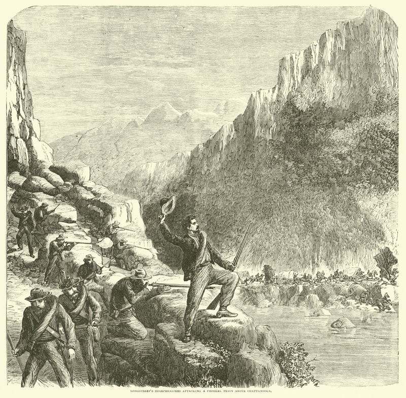 Cecchini di Longstreet attaccano un treno federale sopra Chattanooga, ottobre 1863 da American School
