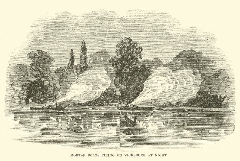 Barche a mortaio che sparano su Vicksburg di notte, luglio 1862 da American School