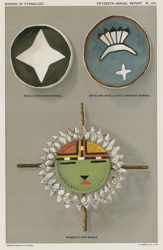Scudi dei nativi americani - scudo con simbolo a stella, scudo Soyaluna con simbolo sconosciuto, scudo solare simbolico da American School