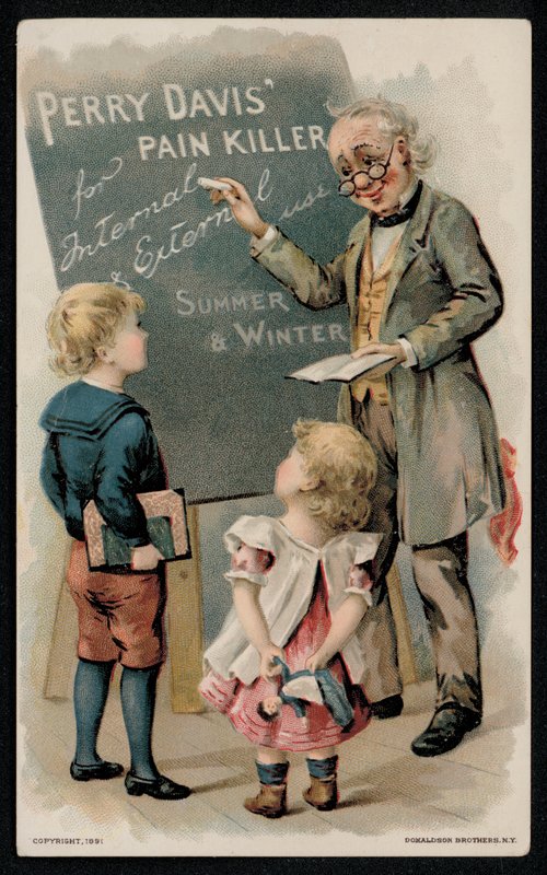 Perry Davis antidolorifico, pubblicità metà XIX secolo da American School