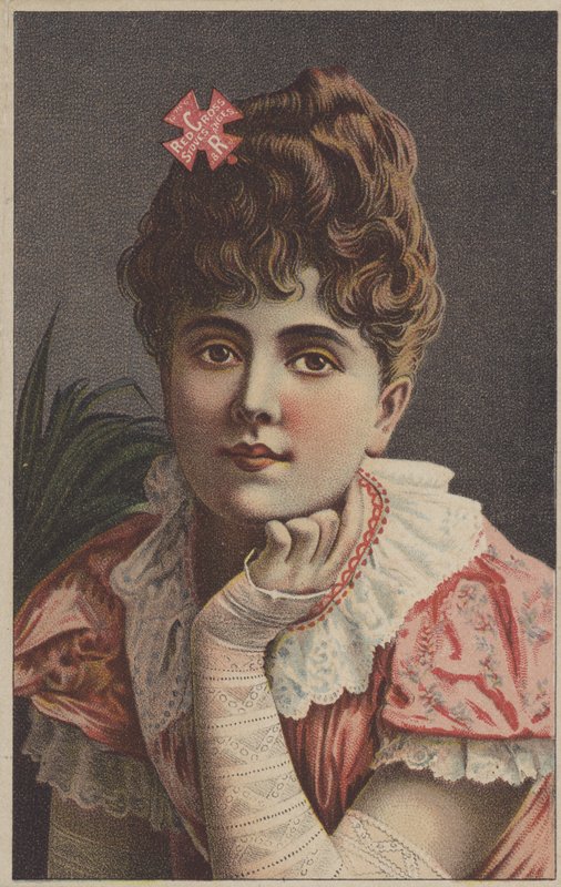 Bella ragazza che pubblicizza stufe e caminetti della Croce Rossa (cromolitografia) da American School