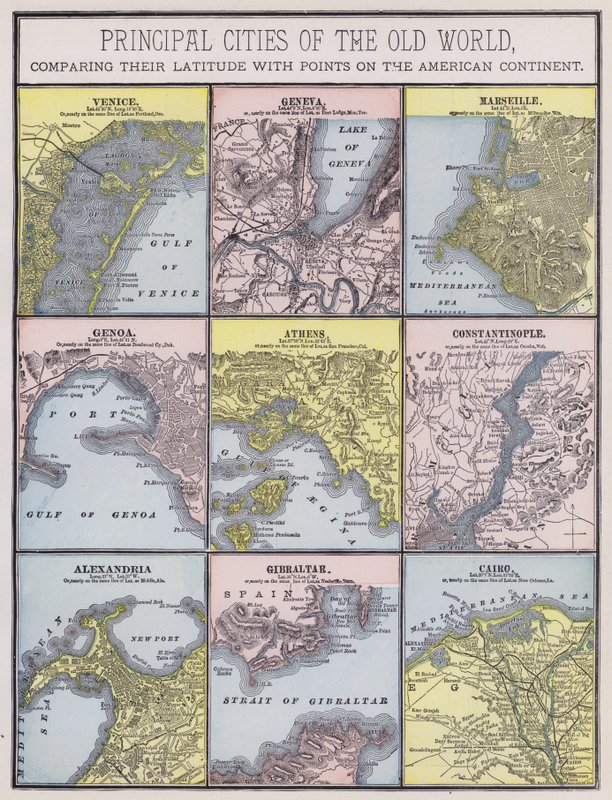 Principali città del Vecchio Mondo (incisione colorata) da American School
