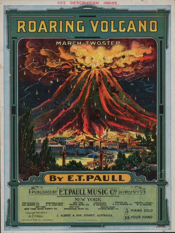 Vulcano ruggente (litografia a colori) da American School