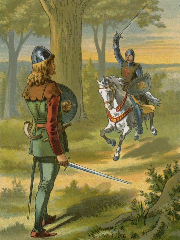 Robin Hood ferma il cavaliere in armatura nera da American School