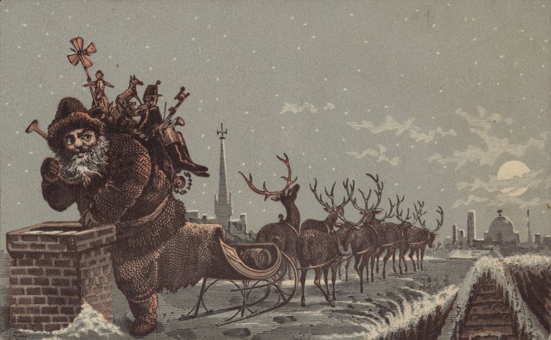 Babbo Natale e renne che consegnano regali da American School