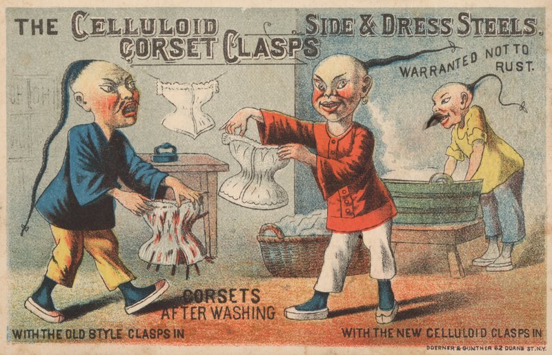 Scena in una lavanderia cinese, pubblicità per Ganci per Corsetti in Celluloide da American School