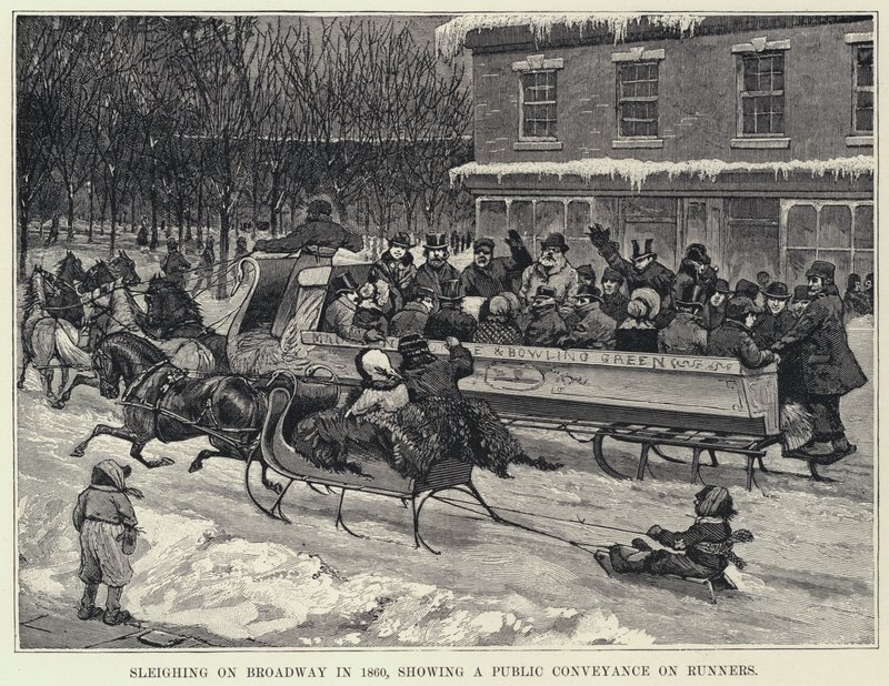 Slittata su Broadway nel 1860, mostrando un trasporto pubblico su pattini da American School