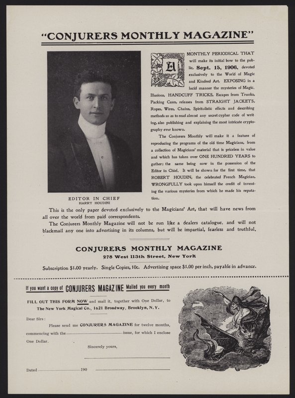 Modulo di abbonamento per Conjurers Monthly Magazine, redattore capo Harry Houdini (litografia) da American School