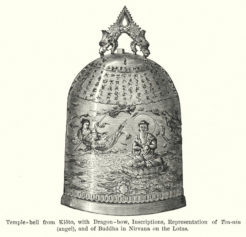 Campana del tempio di Kioto, con arco di drago, iscrizioni, rappresentazione di Ten-nin, angelo, e di Buddha nel Nirvana sul loto (incisione) da American School