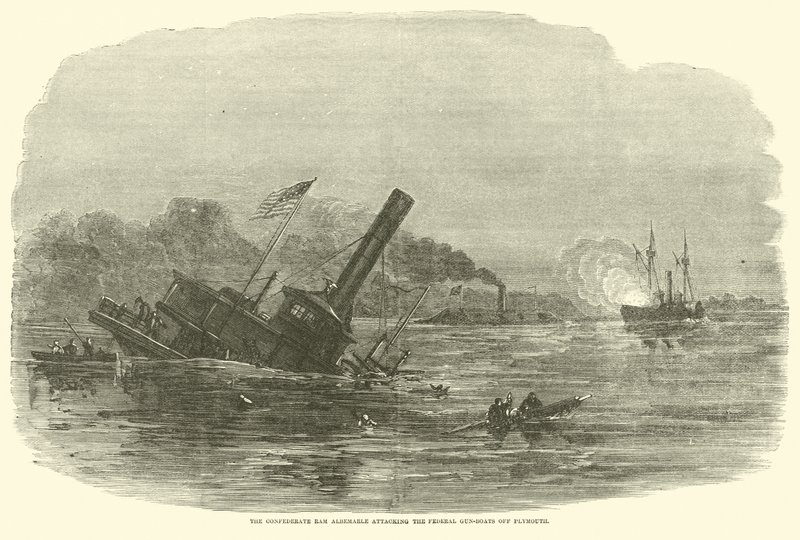 Il Ram Confederato Albemarle attacca le cannoniere federali al largo di Plymouth, ottobre 1864 da American School