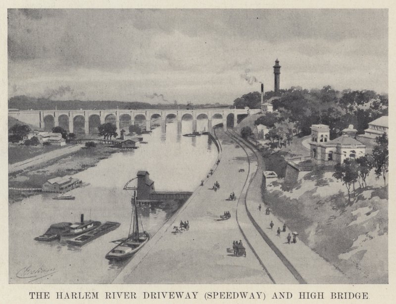 Il viale del fiume Harlem (Speedway) e High Bridge (foto in bianco e nero) da American School