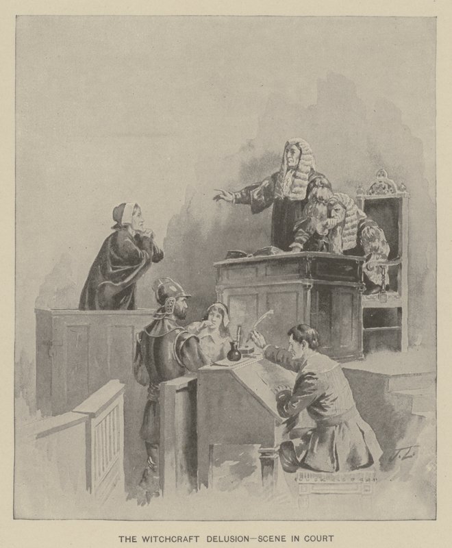 Il delirio della stregoneria - scena in tribunale (litografia) da American School