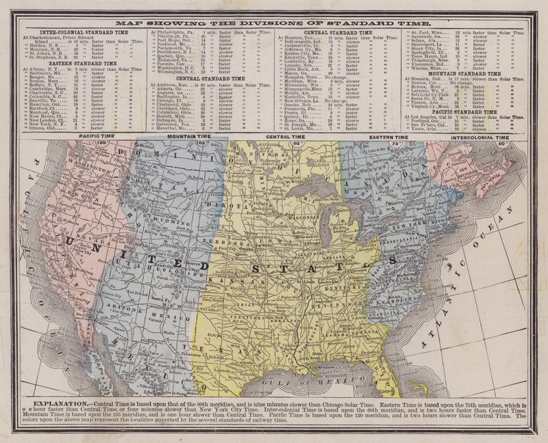 Fusi orari degli Stati Uniti (incisione colorata) da American School