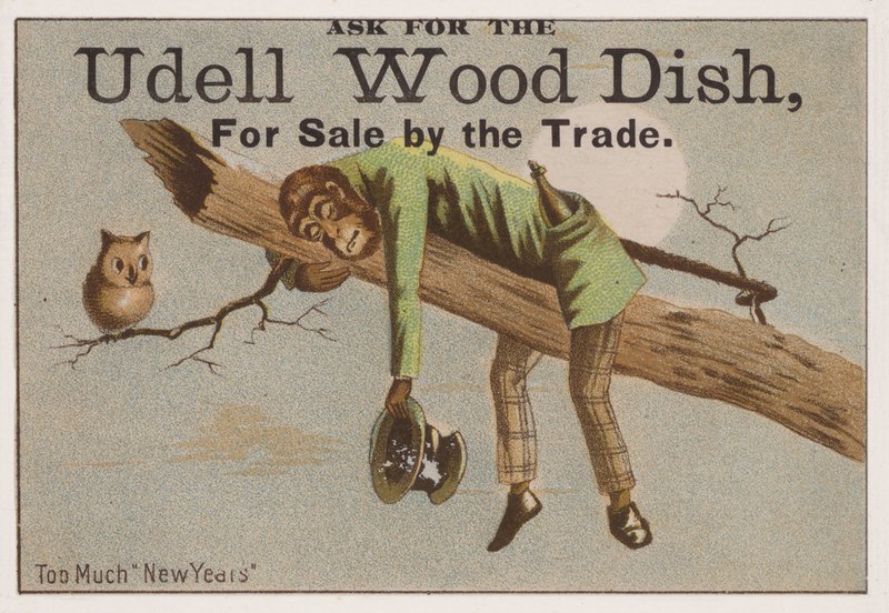 Troppo Capodanno, cartolina pubblicitaria per piatti di legno Udell da American School
