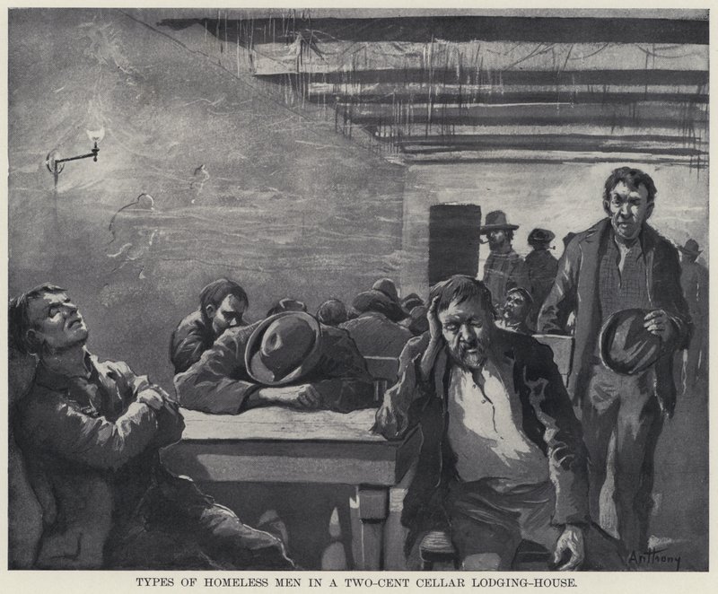 Tipi di uomini senza tetto in una casa di accoglienza a due centesimi da American School