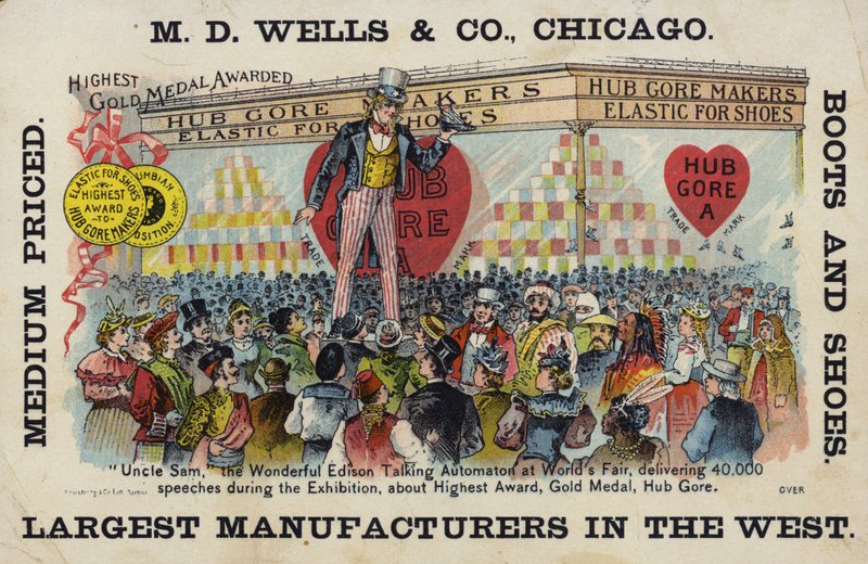 Zio Sam che fa un discorso alla Fiera Mondiale da American School