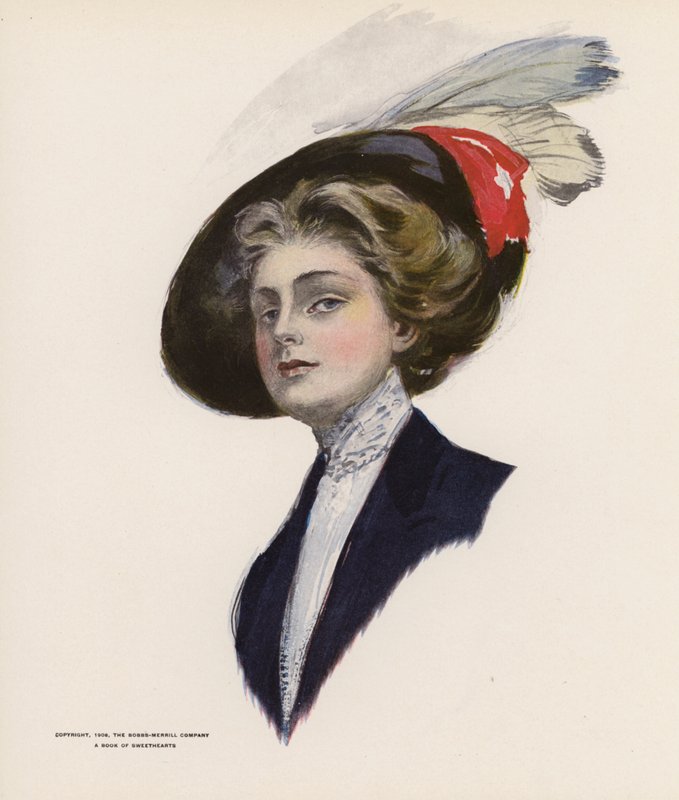 Giovane donna con cappello con piume da American School