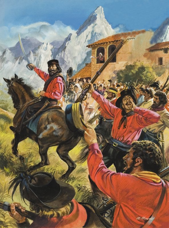 Guiseppe Garibaldi (1807-82) e il suo esercito nella battaglia con le truppe reali napoletane (gouache su carta) da Andrew Howat