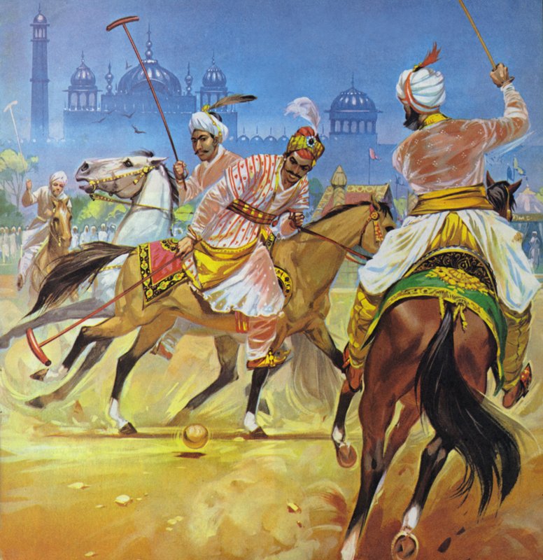 Un imperatore Moghul che gioca a polo (litografia a colori) da Angus McBride