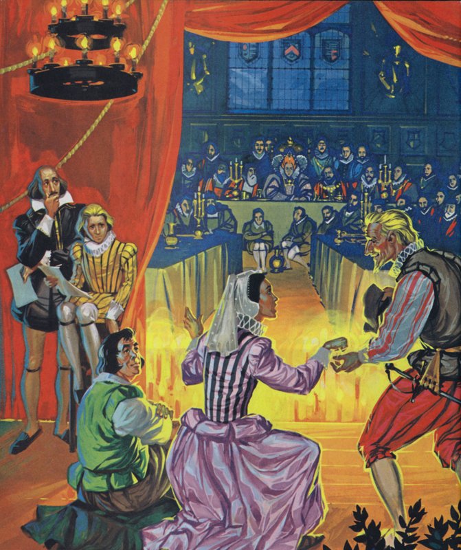 Una rappresentazione della Dodicesima notte davanti alla regina Elisabetta I, con Shakespeare che ascolta dietro il sipario (litografia a colori) da Angus McBride