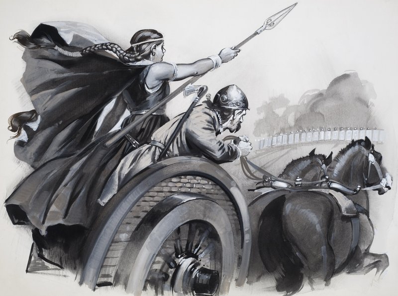 Boadicea che scatena la furia dei Britanni contro i loro padroni romani (guazzo su carta) da Angus McBride