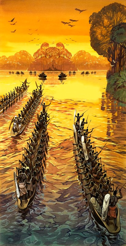 Henry Stanley, alla ricerca di Livingstone, dovette affrontare tribù ostili in canoe da guerra da Angus McBride