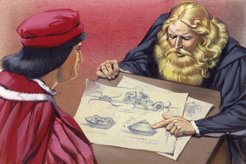 Leonardo Da Vinci spiega a Ludovico Sforza i possibili motori da guerra (gouache su carta) da Angus McBride
