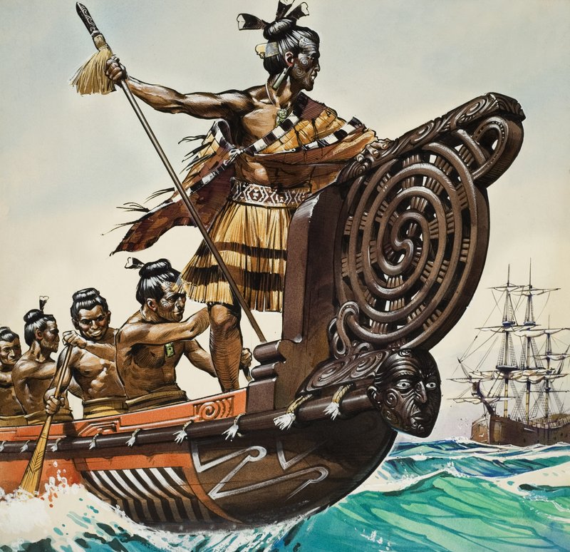 Gli indigeni e il capitano Cook (1728-79) (gouache su carta) da Angus McBride