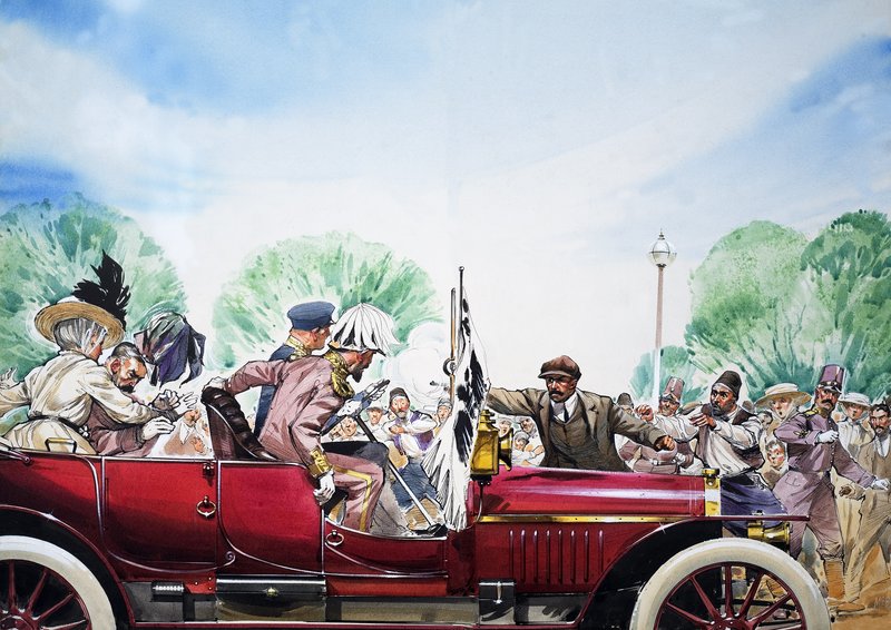 Lo scoppio della Prima guerra mondiale, illustrazione da "Grandi eventi della storia mondiale" (gouache su carta) da Angus McBride